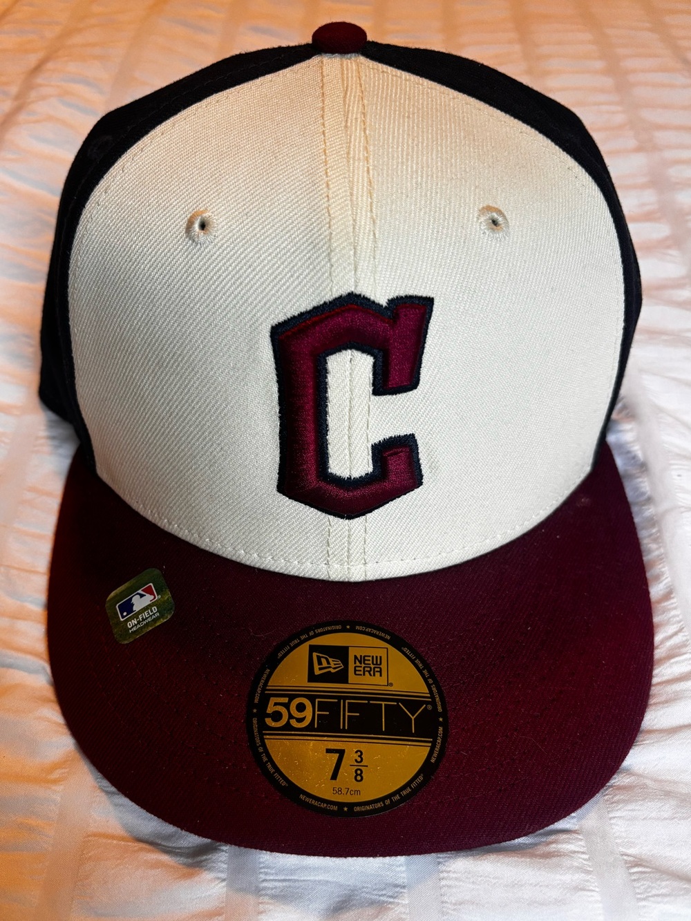 New Era Two-Tone Cream and Maroon Cleveland Fitted Cap 7 3/8
